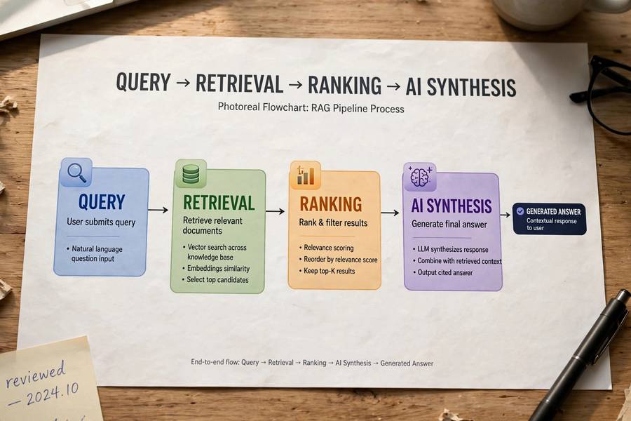 A flowchart showing a query moving through retrieval, ranking, and AI synthesis stages
