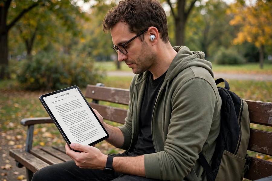 Person listening to AI-generated speech through earbuds while reading