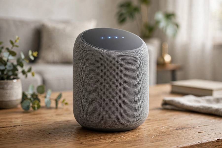 Smart speaker producing AI text to speech output in a living room