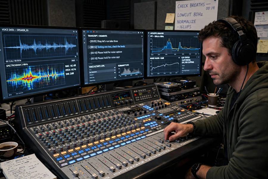 Audio engineer working with voice synthesis data at a mixing console