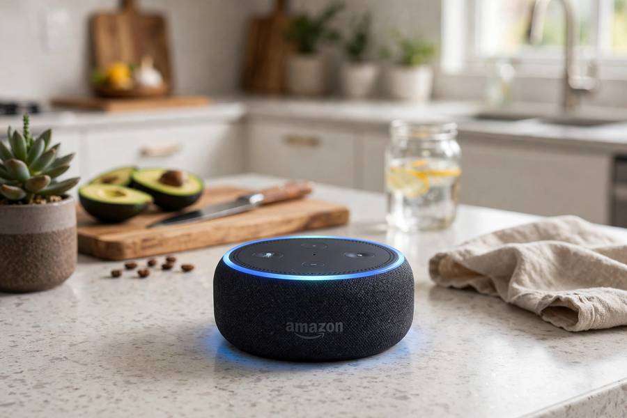 How does Alexa understand voice commands — an Echo speaker with its blue light ring active