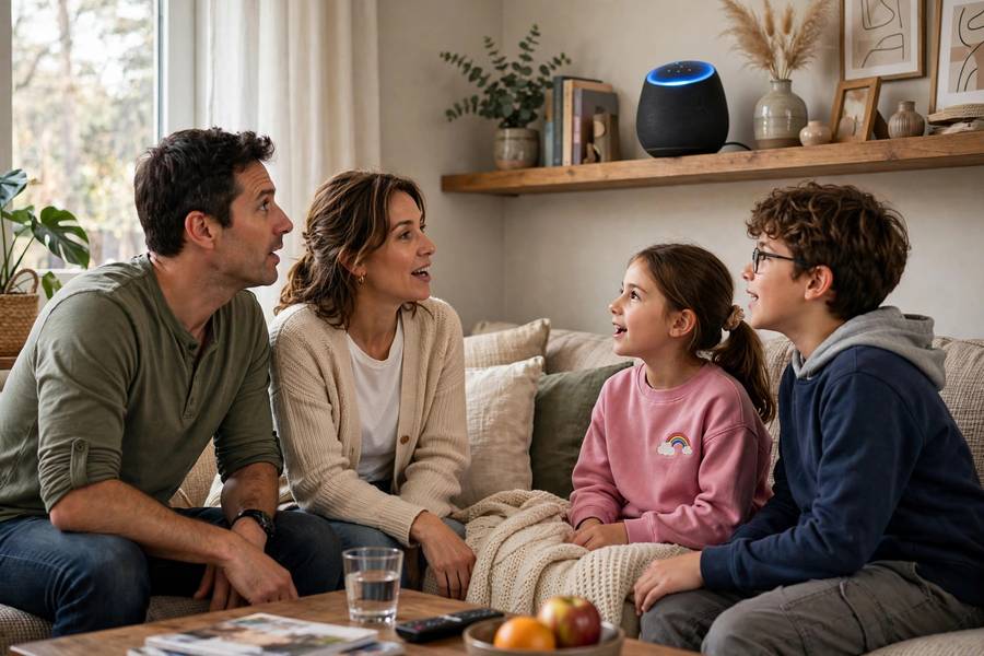 A family using Alexa voice commands with their Echo speaker