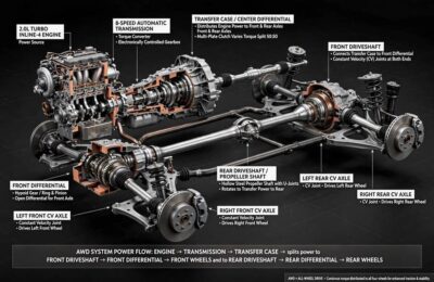 AWD drivetrain components showing how all wheel drive work in a car