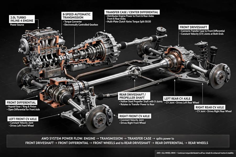 AWD drivetrain components showing how all wheel drive work in a car