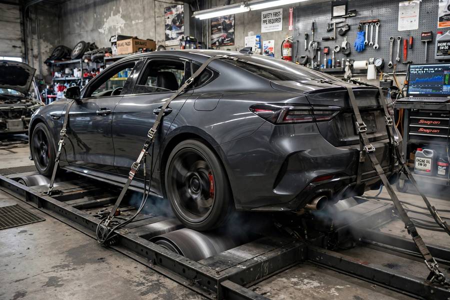Vehicle on a dynamometer testing how all wheel drive work under load