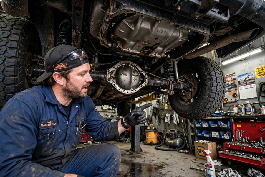 Mechanic explaining the rear differential, a key part of how all wheel drive works
