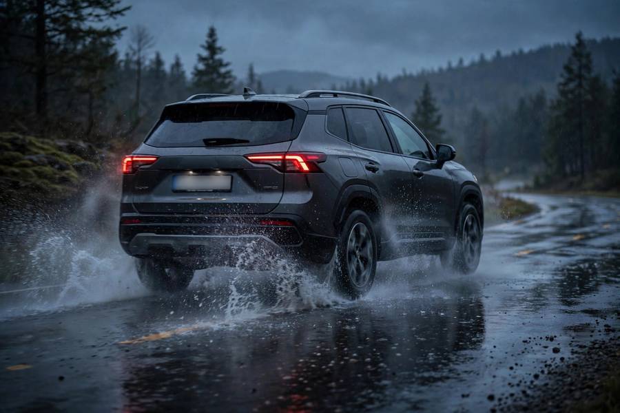 AWD SUV on a wet road demonstrating all wheel drive traction
