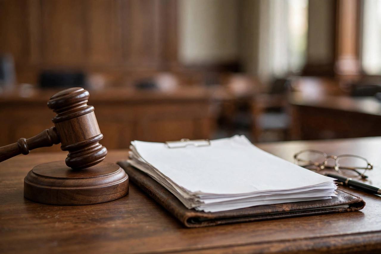 Judge's gavel on a courtroom desk next to legal documents during a bail hearing