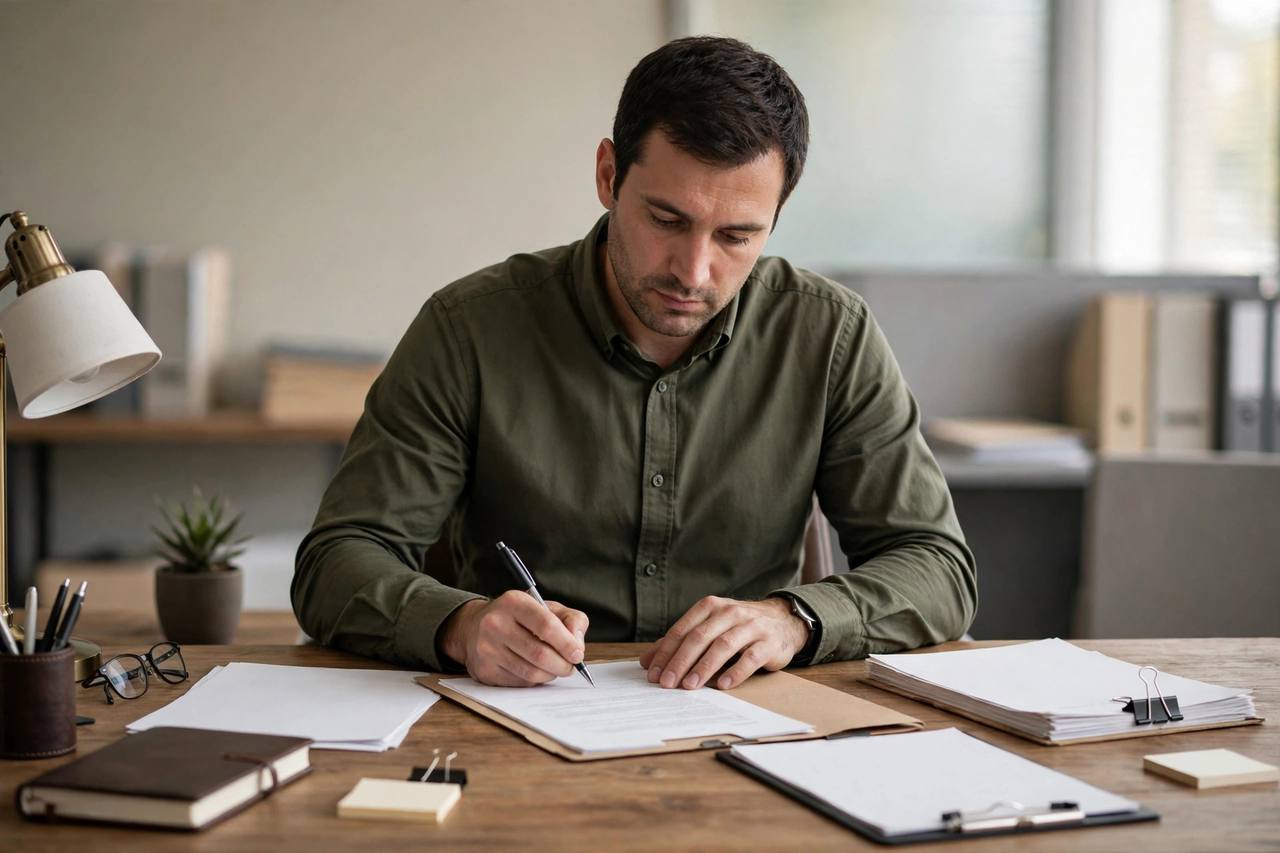 Person signing bail bond paperwork at a desk with a pen and official documents