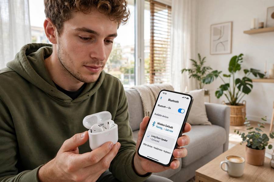 Pairing earbuds to a phone — the first step in how Bluetooth works in daily life