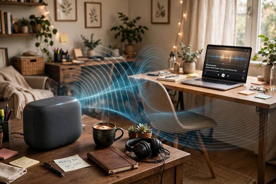 A Bluetooth speaker streaming audio from a laptop across the room