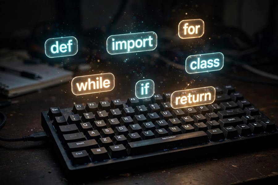 Conceptual image of text tokens floating above a keyboard