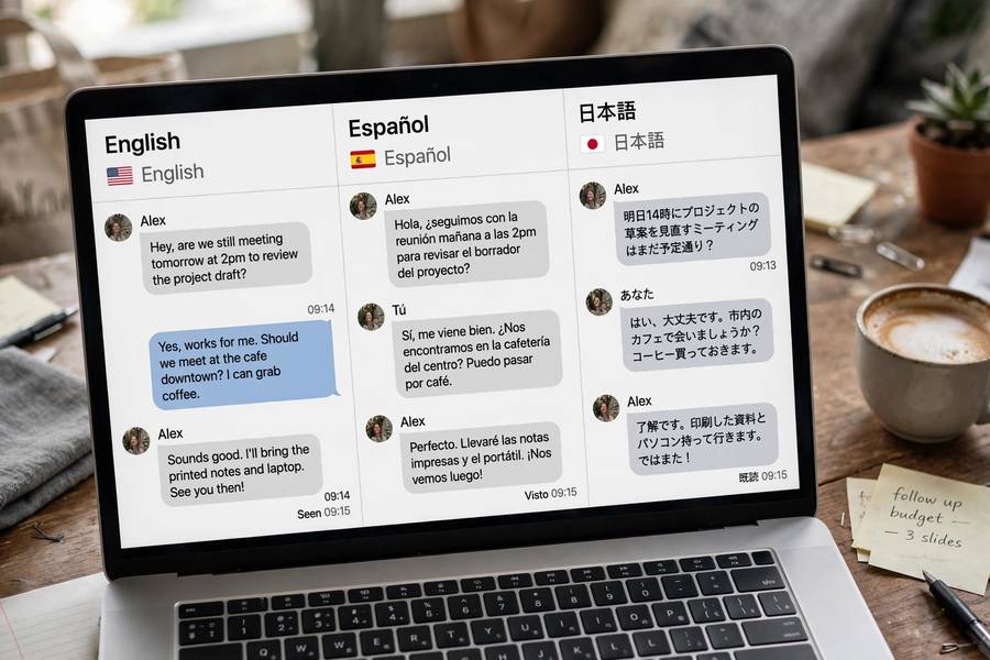 The same AI chat shown in English, Spanish, and Japanese