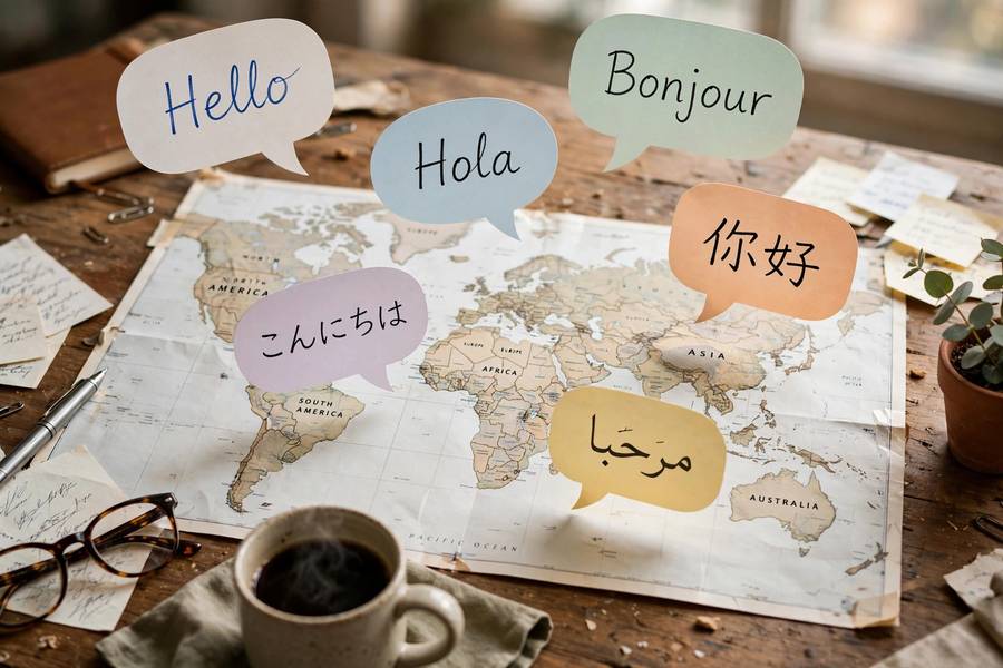 Speech bubbles in multiple languages over a world map