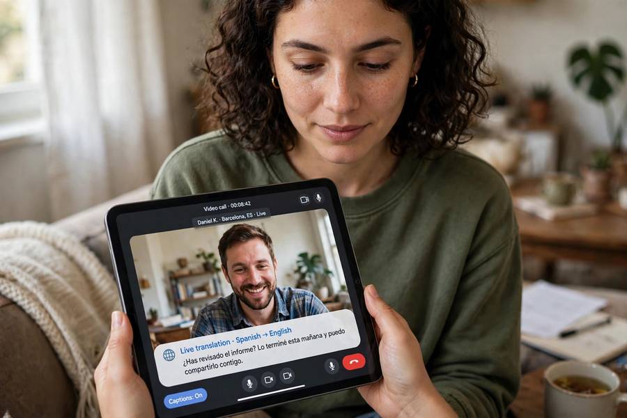 A video call with live translated captions on a tablet