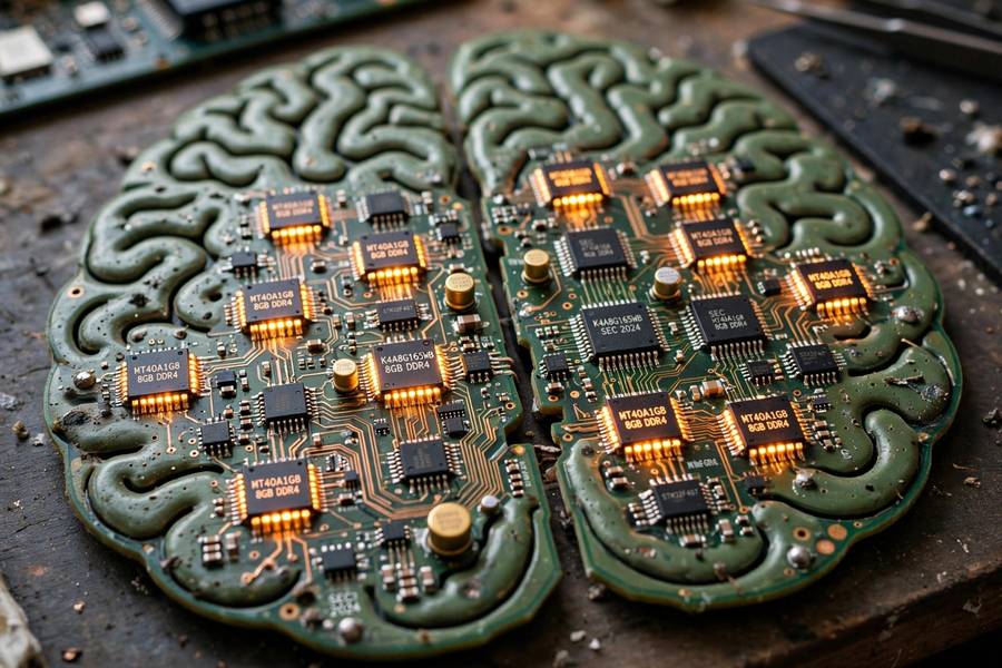 A brain-shaped circuit board representing AI memory systems