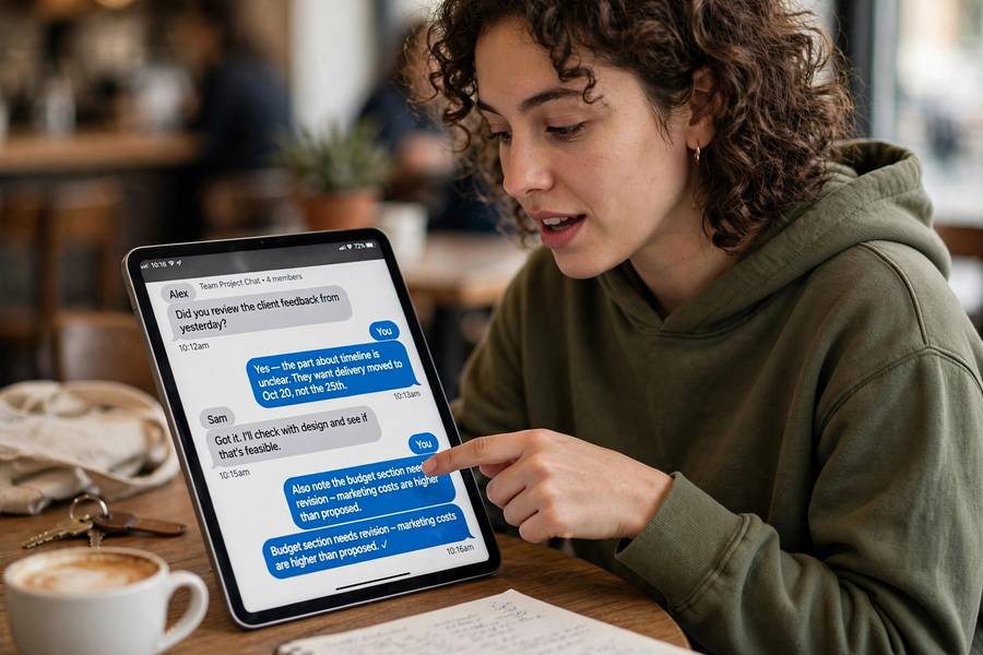 A person pointing at conversation context on a tablet