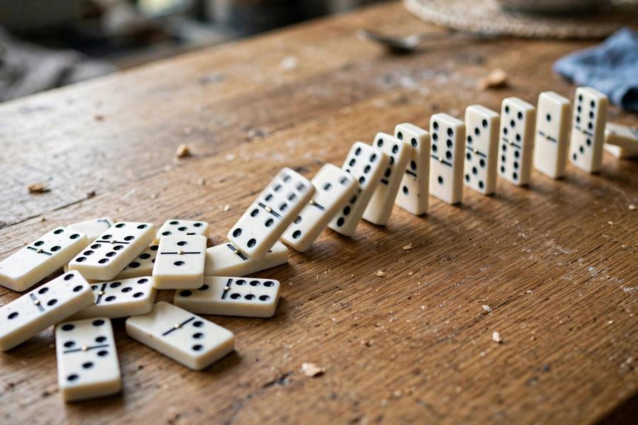 Dominoes falling in a chain representing connected context