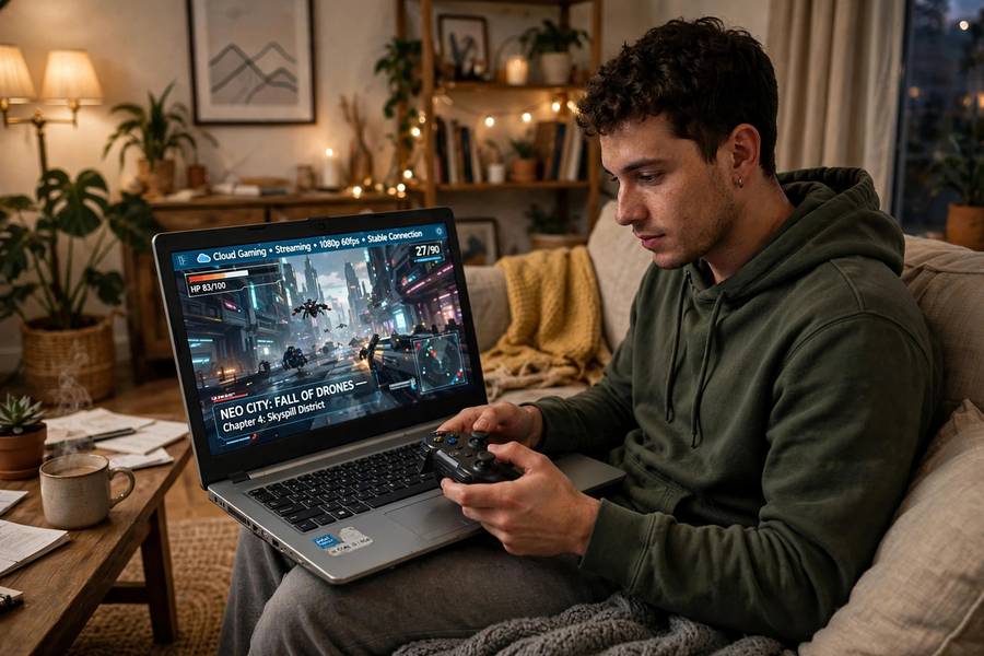 A person playing a high-end game on a basic laptop via cloud gaming