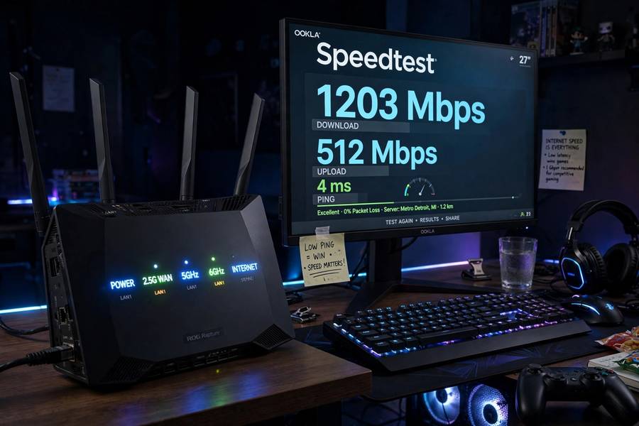 A router next to a gaming setup showing internet speed matters for cloud gaming