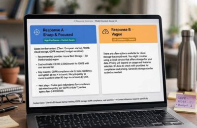 An AI generating sharp versus vague responses influenced by context window contents