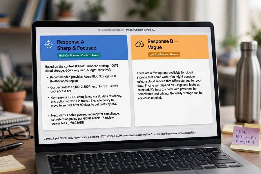 An AI generating sharp versus vague responses influenced by context window contents