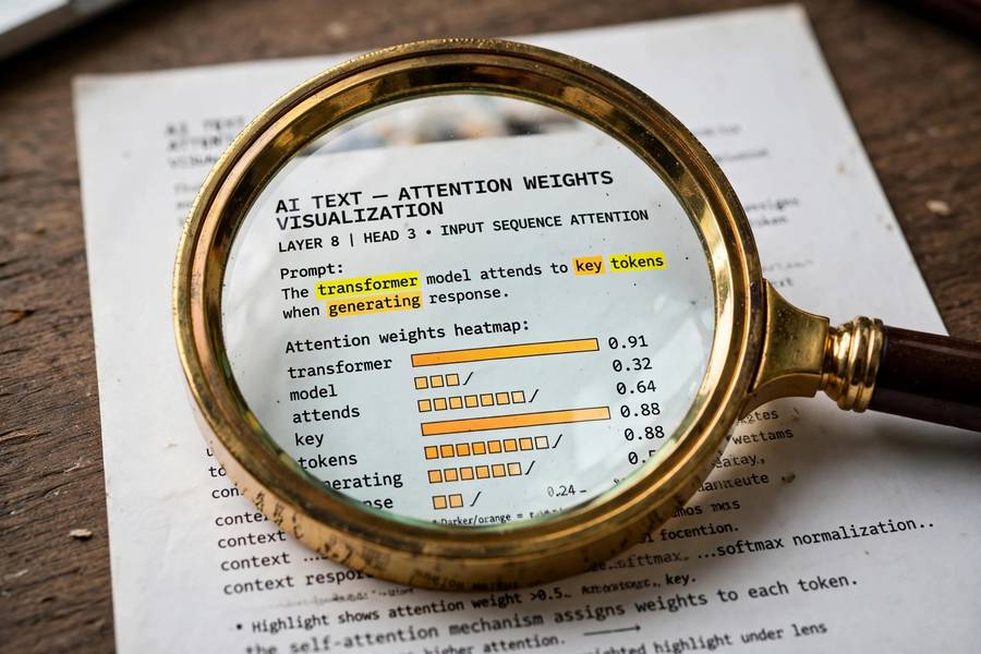 A magnifying glass over AI text showing attention highlighting important words