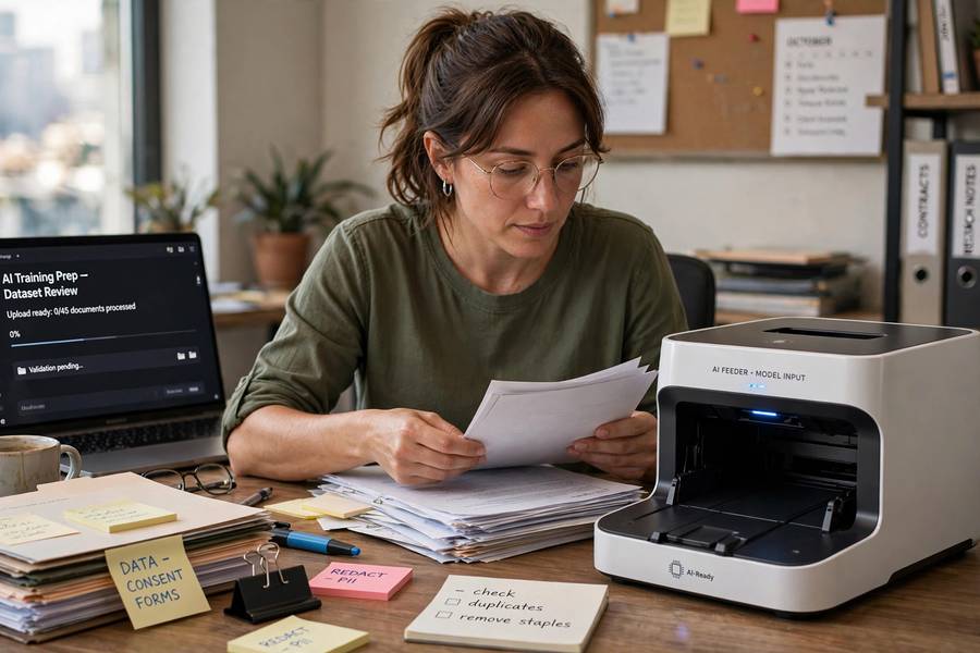A person carefully organizing documents before feeding them to an AI