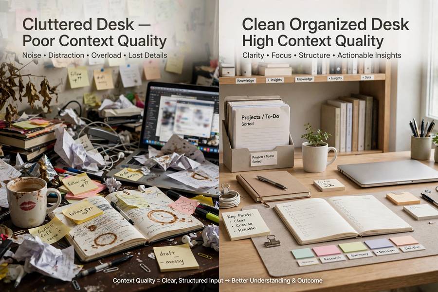 A cluttered versus clean desk metaphor for AI context quality
