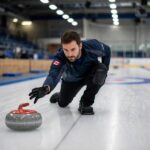 A curler delivering a granite stone during a curling match