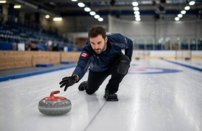 A curler delivering a granite stone during a curling match
