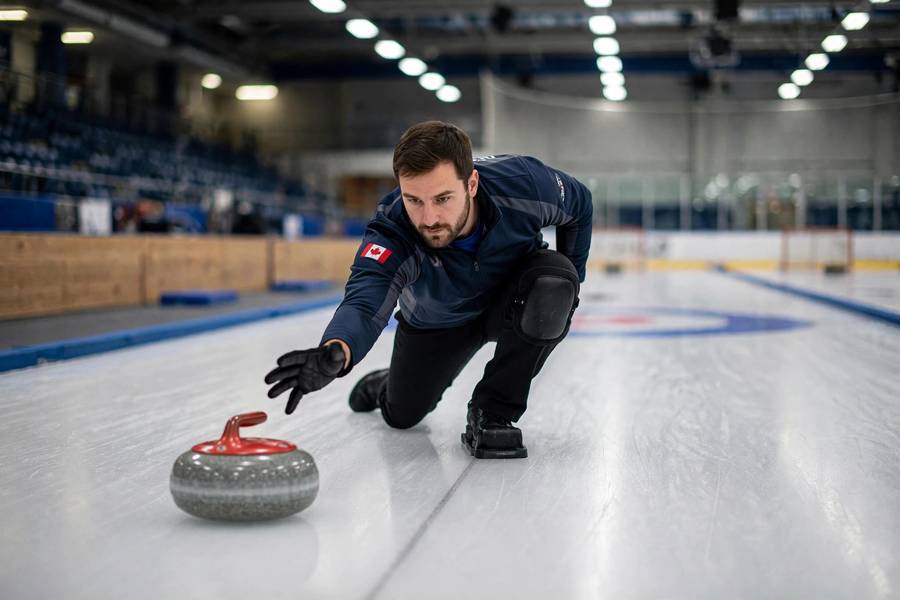 A curler delivering a granite stone during a curling match