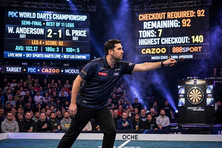 Professional darts match with scoreboard showing live scoring
