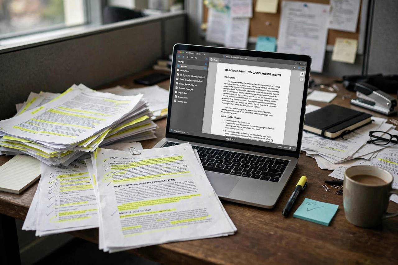 A newsroom desk with printed drafts, highlighted text, and a laptop showing source documents