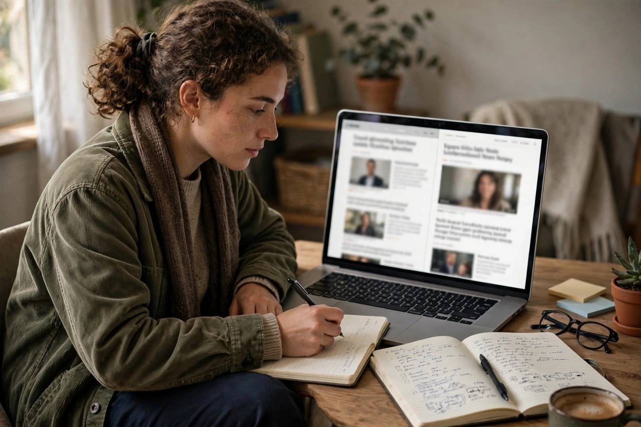 A reader comparing two news articles side by side on a computer screen with a notebook
