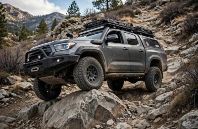 4WD truck demonstrating how four wheel drive work on rocky terrain