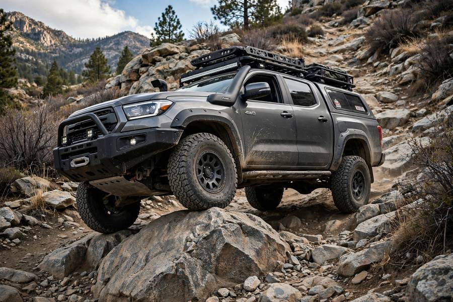 4WD truck demonstrating how four wheel drive work on rocky terrain