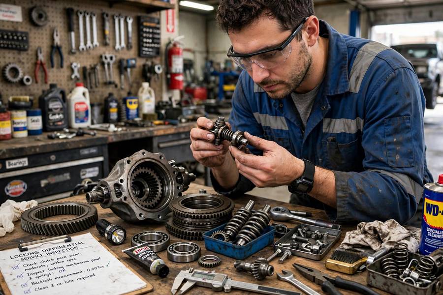 Locking differential parts on a workbench showing four wheel drive mechanics