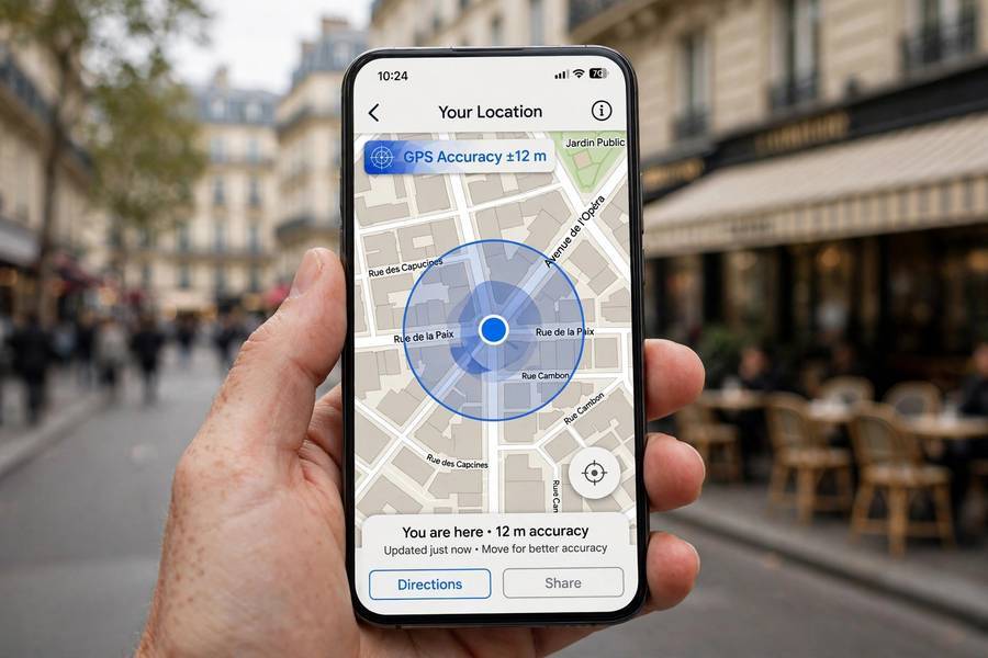 GPS accuracy circle on a city map showing how GPS pinpoints your position