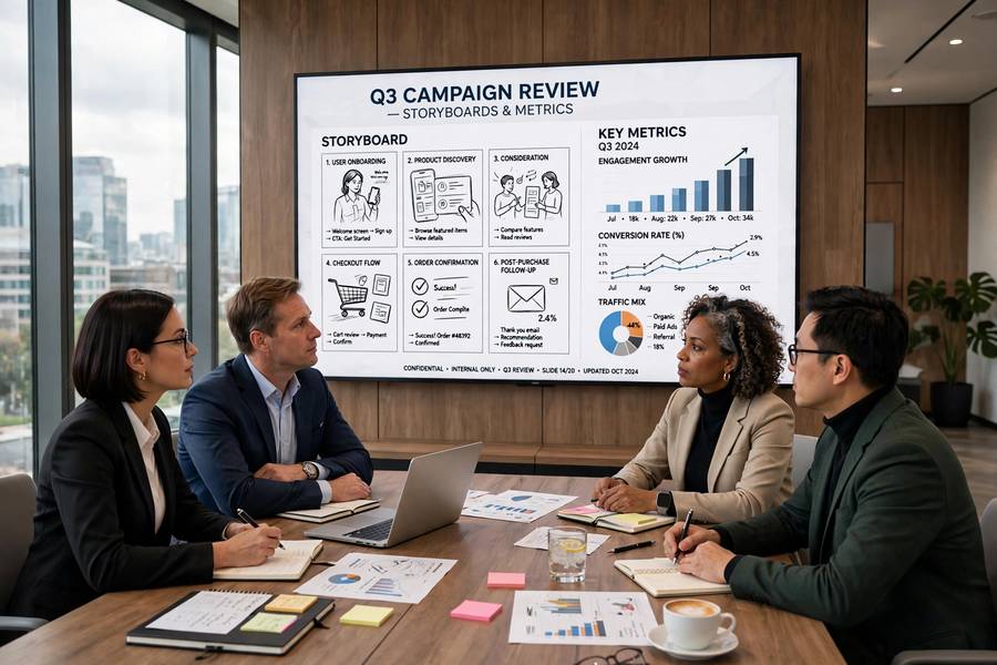 Studio executives reviewing a film project in a conference room