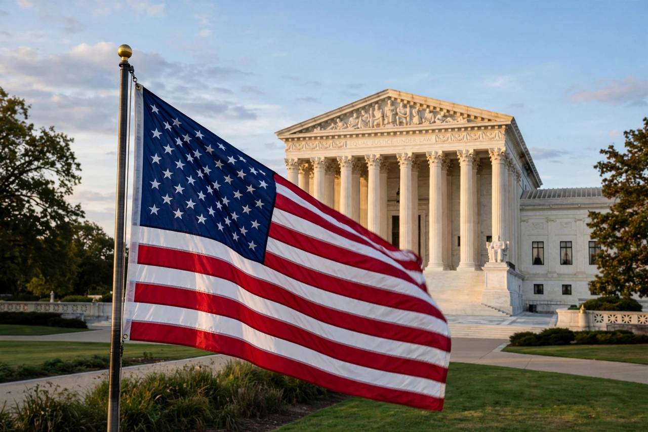 American flag with the Supreme Court building in the background
