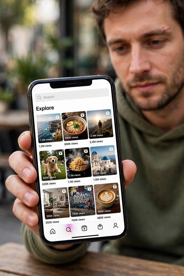 Person browsing an Instagram-style Explore grid on a phone