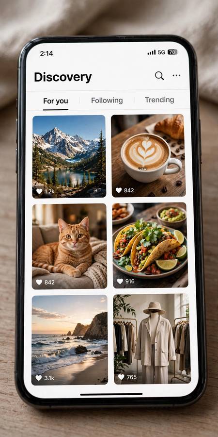 Discovery feed grid of photos on a smartphone