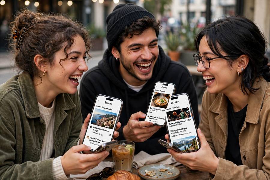 Friends comparing their different personalized Explore feeds