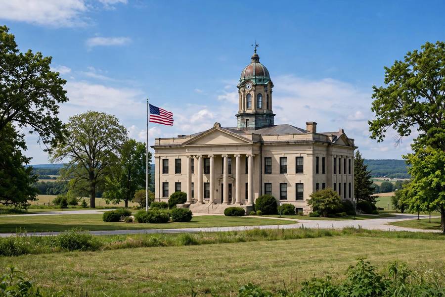 Exterior of a county courthouse with American flag on a clear day