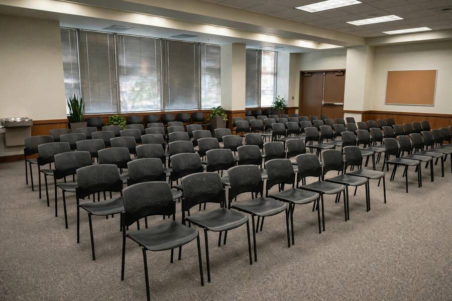 Jury assembly room with rows of chairs where potential jurors wait