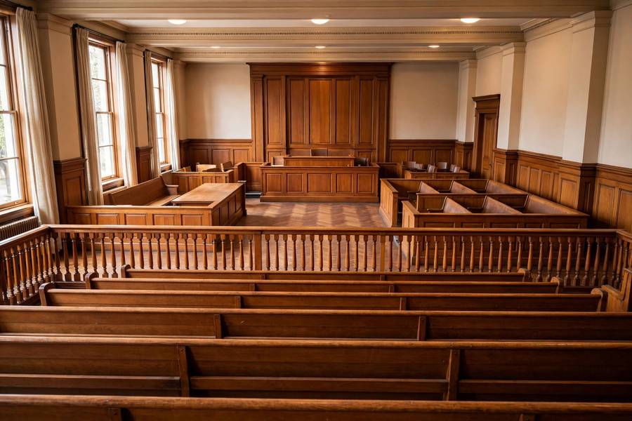 Empty courtroom interior with jury box and judge bench viewed from gallery