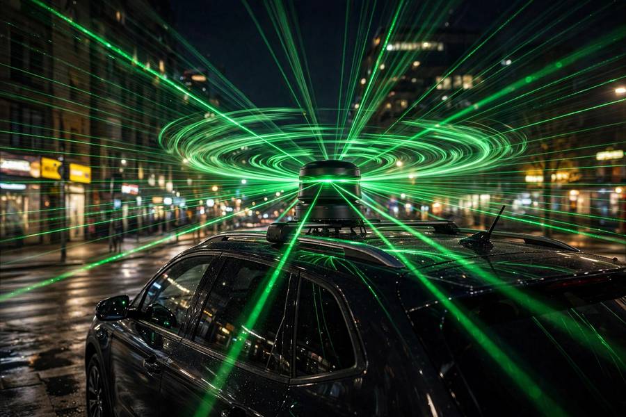 Spinning LiDAR sensor emitting laser beams showing how does LiDAR work