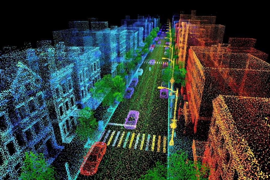 Colorful 3D point cloud of a street illustrating how does LiDAR work
