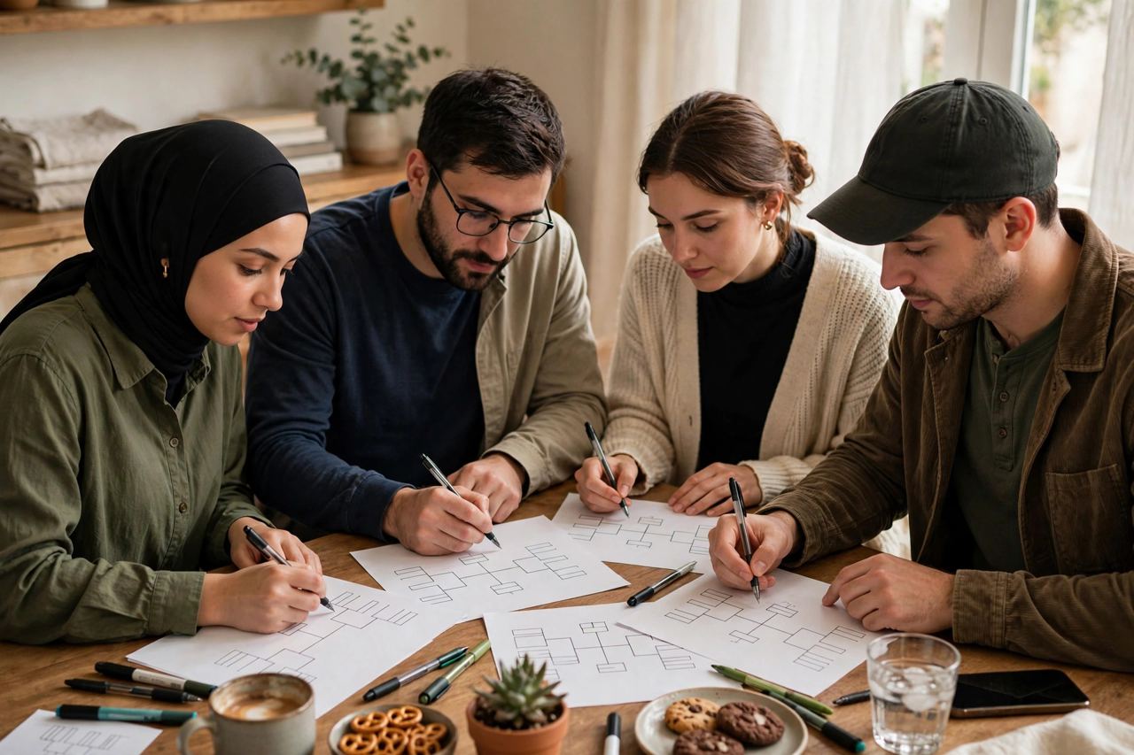 Friends gathered around a table filling out tournament brackets together